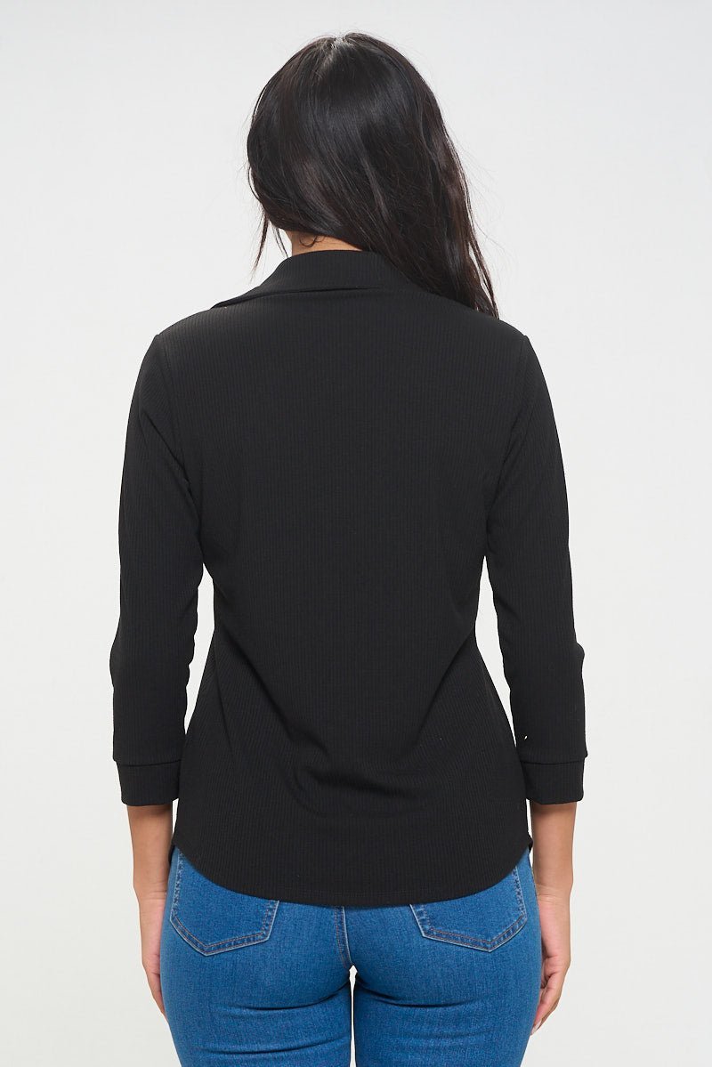 Image of West K Amaya Rib Knit Button Down Collar Top Black