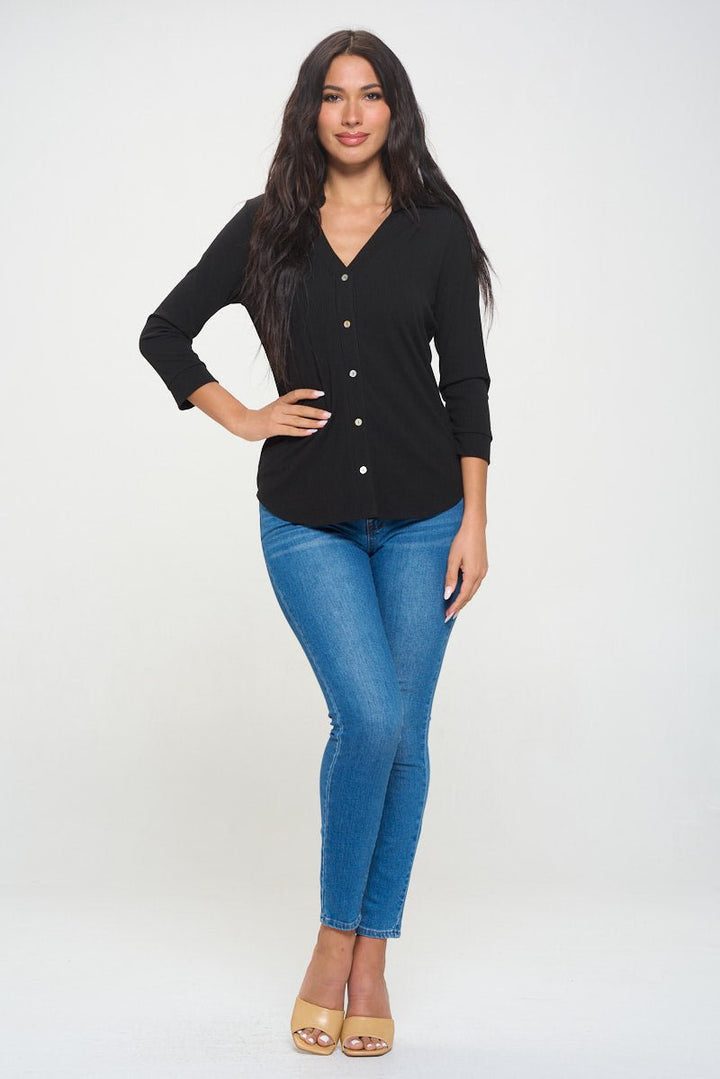 Image of West K Amaya Rib Knit Button Down Collar Top Black