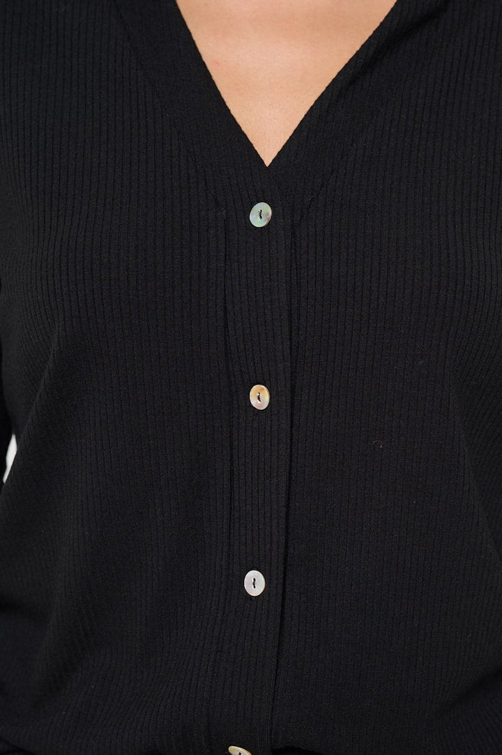 Image of West K Amaya Rib Knit Button Down Collar Top Black