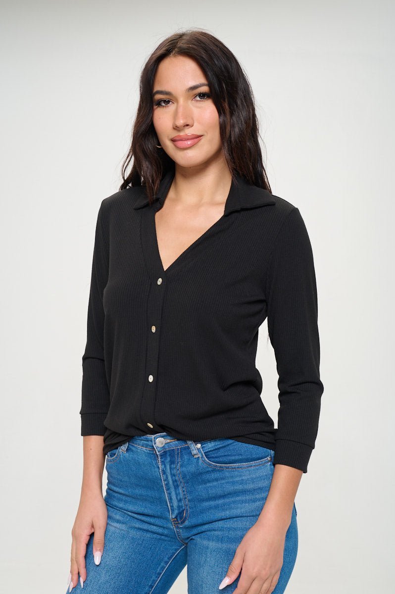 Image of West K Amaya Rib Knit Button Down Collar Top Black