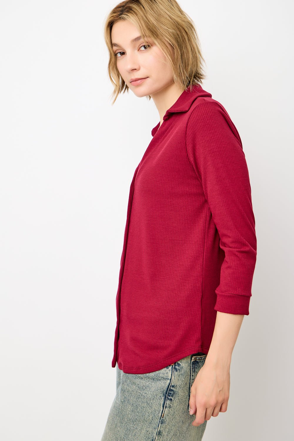 Image of West K Amaya Rib Knit Button Down Collar Top Burgundy