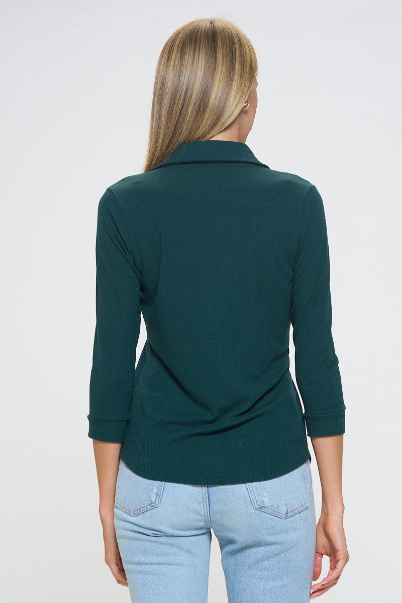 Image of West K Amaya Rib Knit Button Down Collar Top Hunter Green