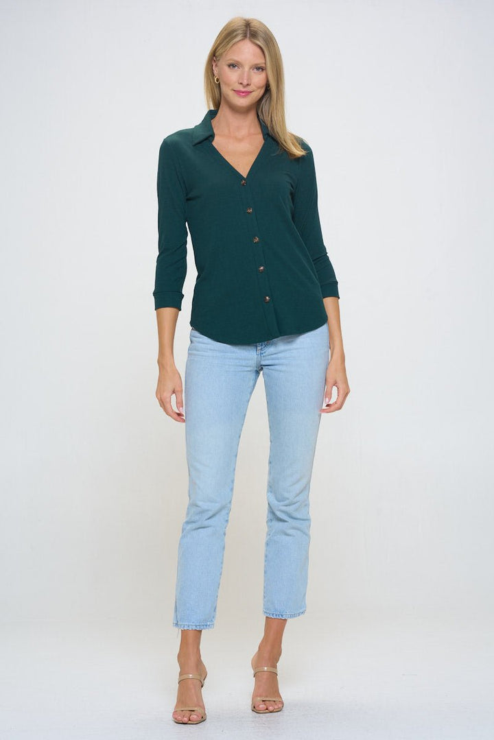 Image of West K Amaya Rib Knit Button Down Collar Top Hunter Green