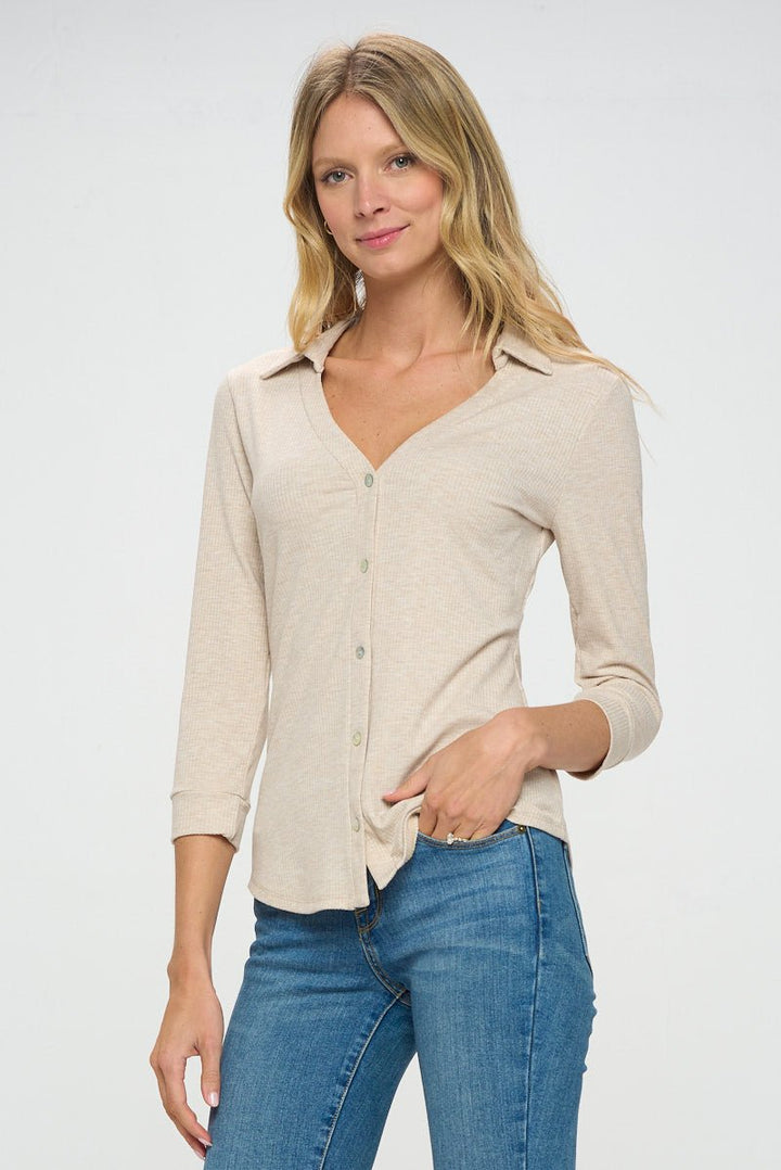 Image of West K Amaya Rib Knit Button Down Collar Top Tan