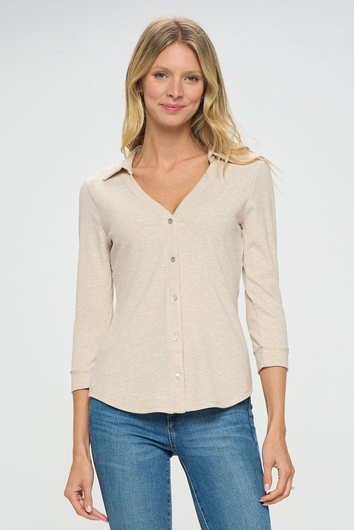 Image of West K Amaya Rib Knit Button Down Collar Top Tan