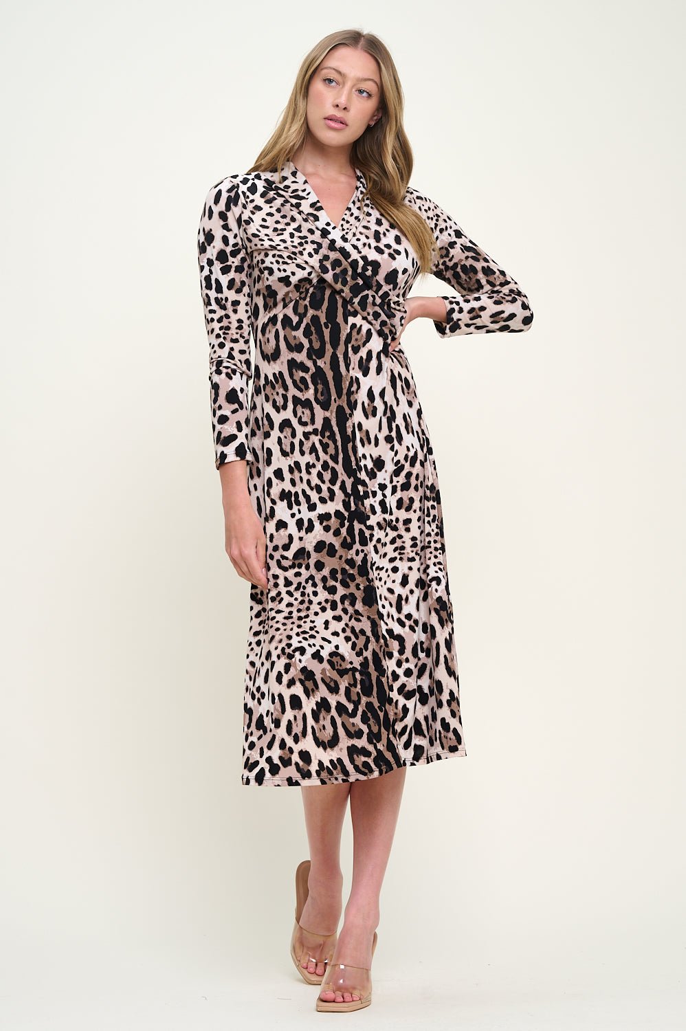 Image of West K Amber Long Sleeve Surplice Midi Dress Brown Leopard