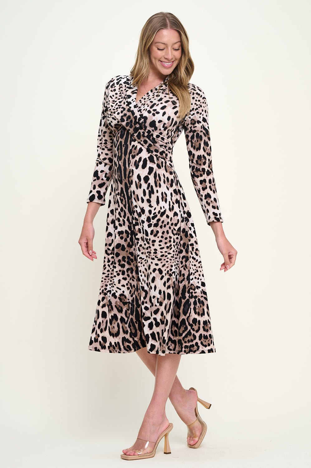 Image of West K Amber Long Sleeve Surplice Midi Dress Brown Leopard