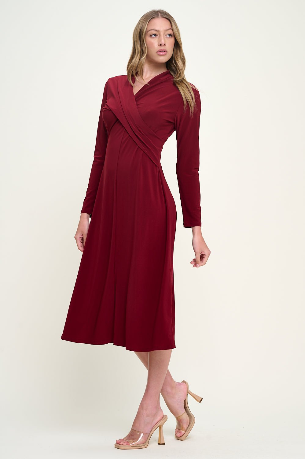 Image of West K Amber Long Sleeve Surplice Midi Dress Burgundy