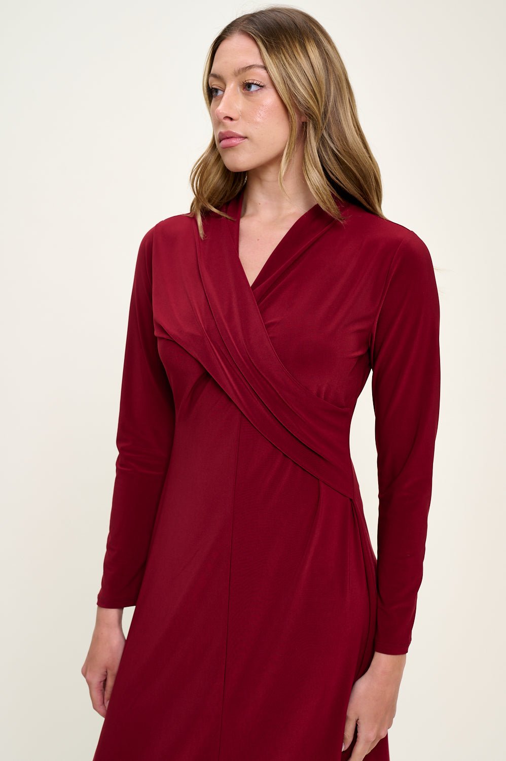 Image of West K Amber Long Sleeve Surplice Midi Dress Burgundy