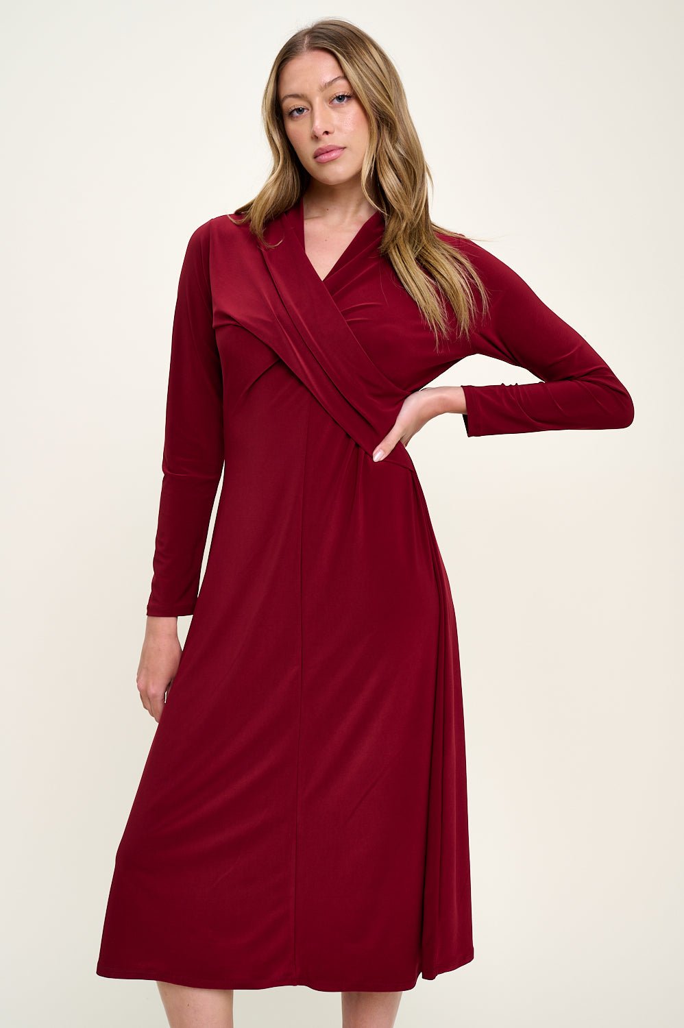 Image of West K Amber Long Sleeve Surplice Midi Dress Burgundy