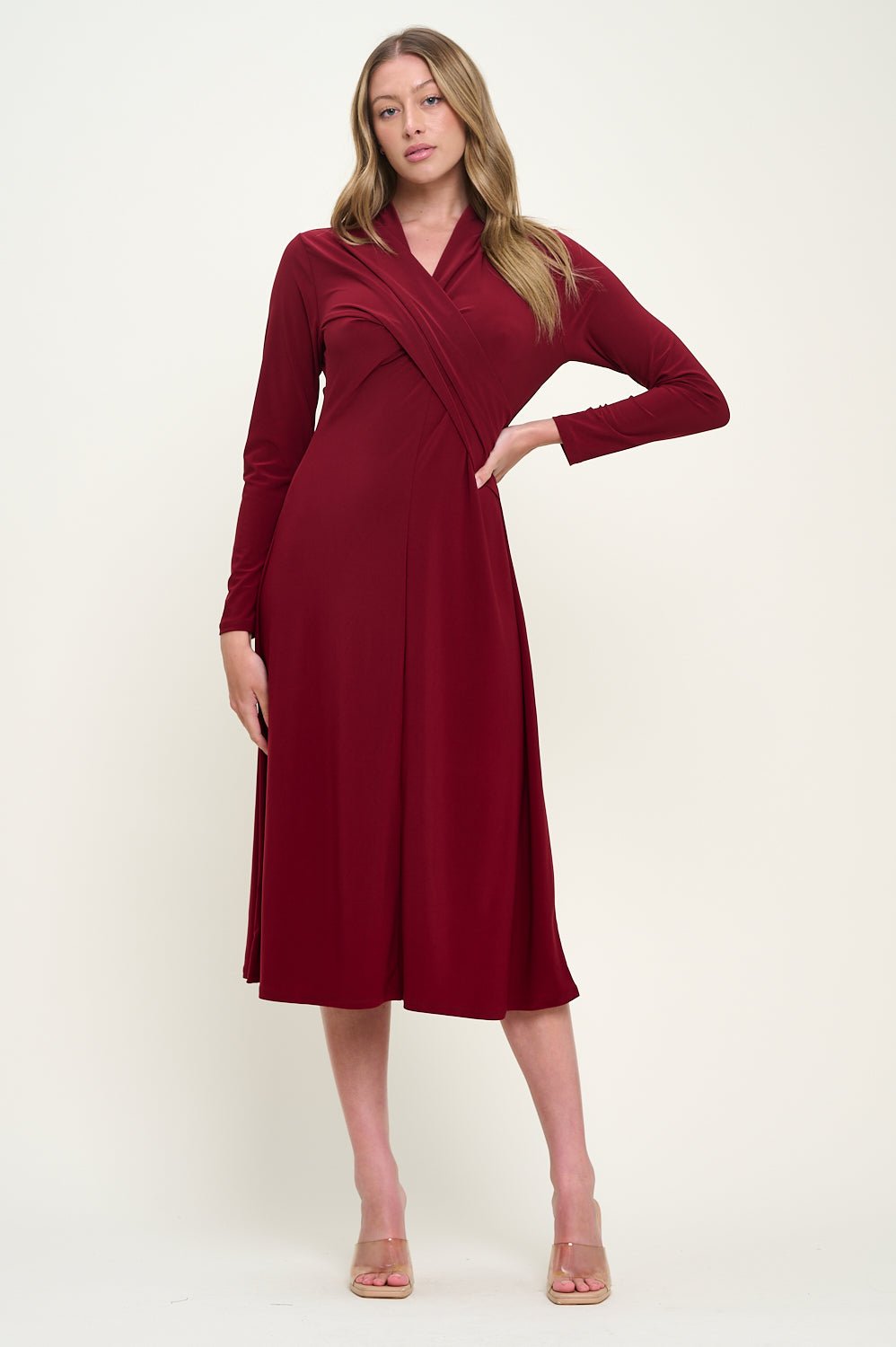 Image of West K Amber Long Sleeve Surplice Midi Dress Burgundy