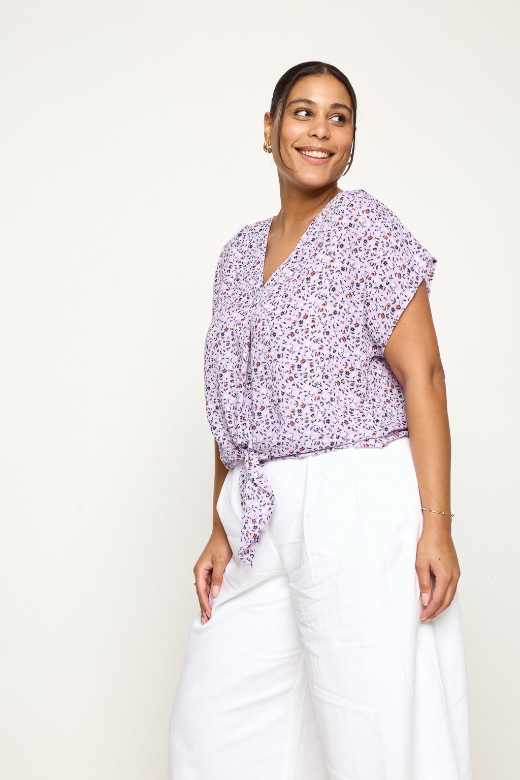 Image of West K Ana Plus Size Tie Front Top Lavender Ditzy Floral