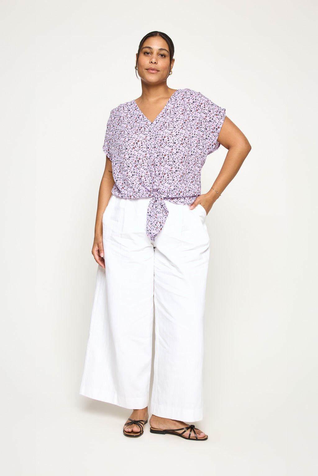 Image of West K Ana Plus Size Tie Front Top Lavender Ditzy Floral