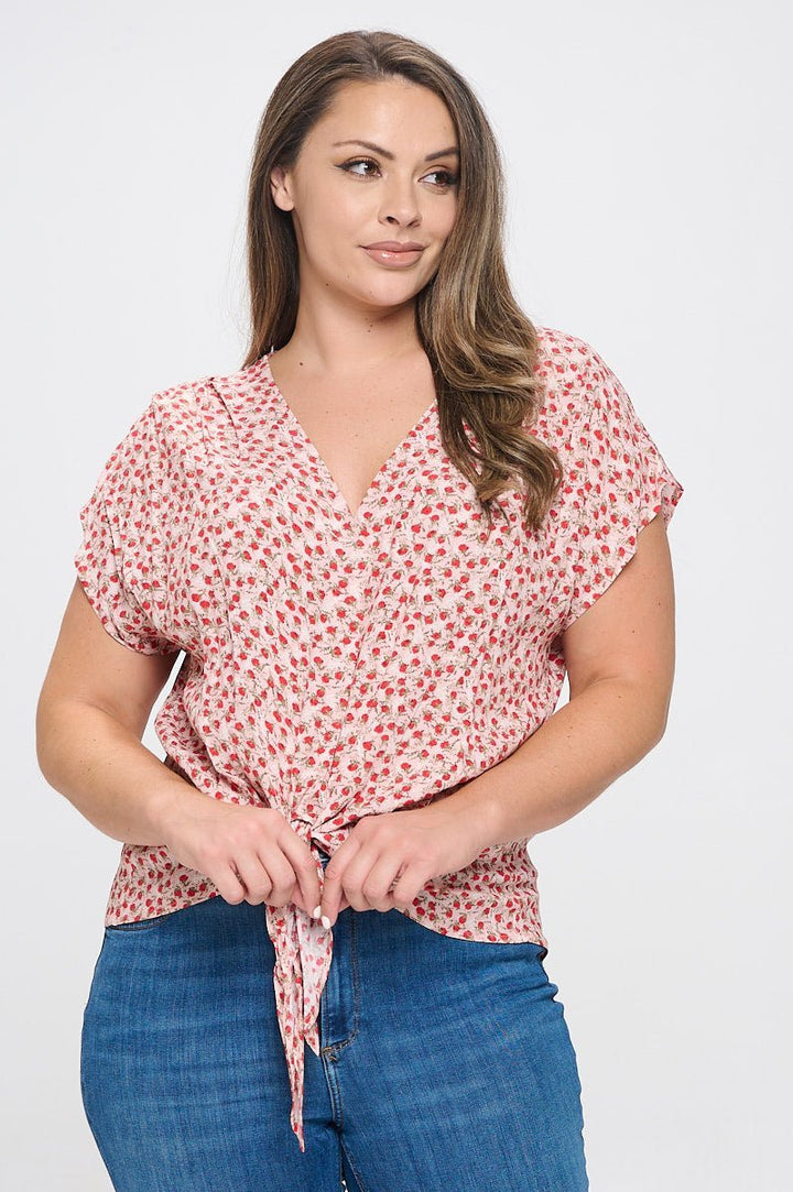 Image of West K Ana Plus Size Tie Front Top Red Ditzy Floral