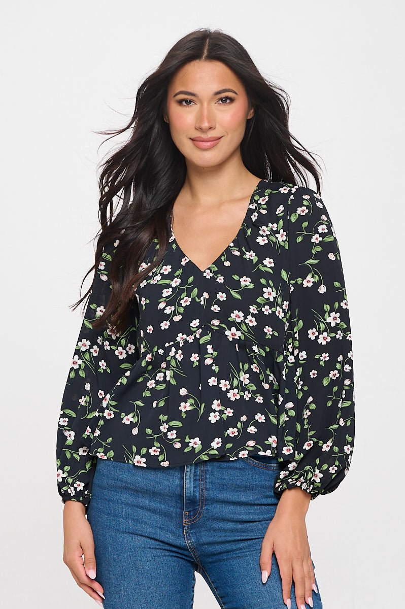 Image of West K Anastasia Long Sleeve BabyDoll Top Black Daisy Floral