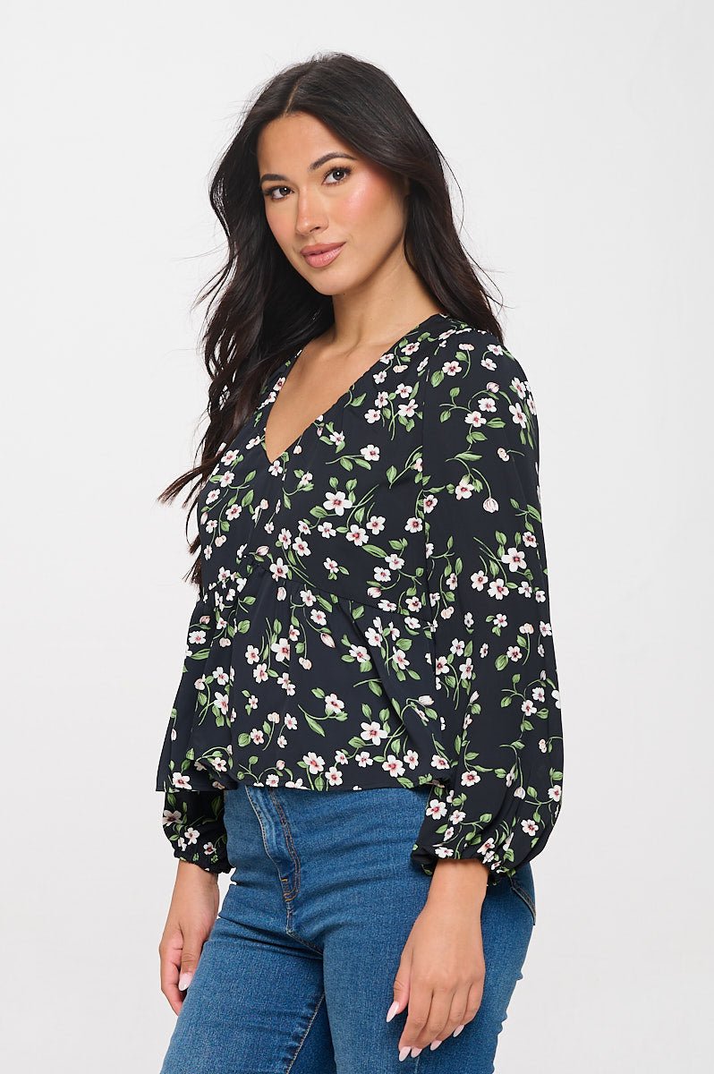 Image of West K Anastasia Long Sleeve BabyDoll Top Black Daisy Floral