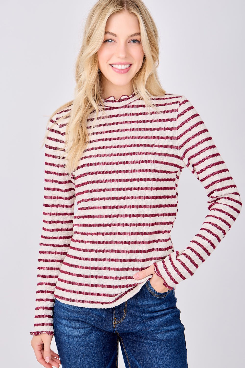 Image of West K Anaya Striped Ruffle Edge Top Beige Wine Stripe