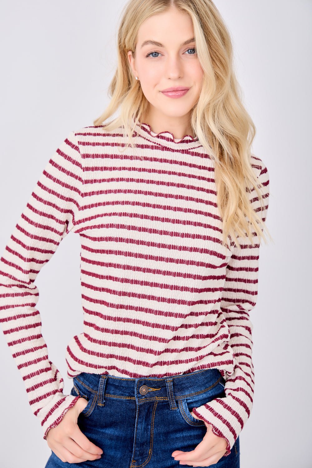 Image of West K Anaya Striped Ruffle Edge Top Beige Wine Stripe