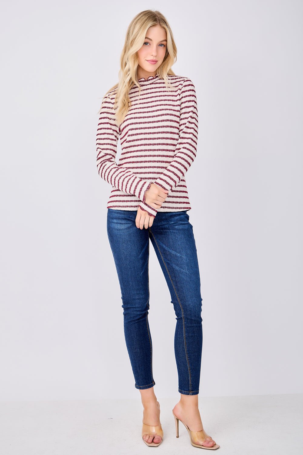 Image of West K Anaya Striped Ruffle Edge Top Beige Wine Stripe