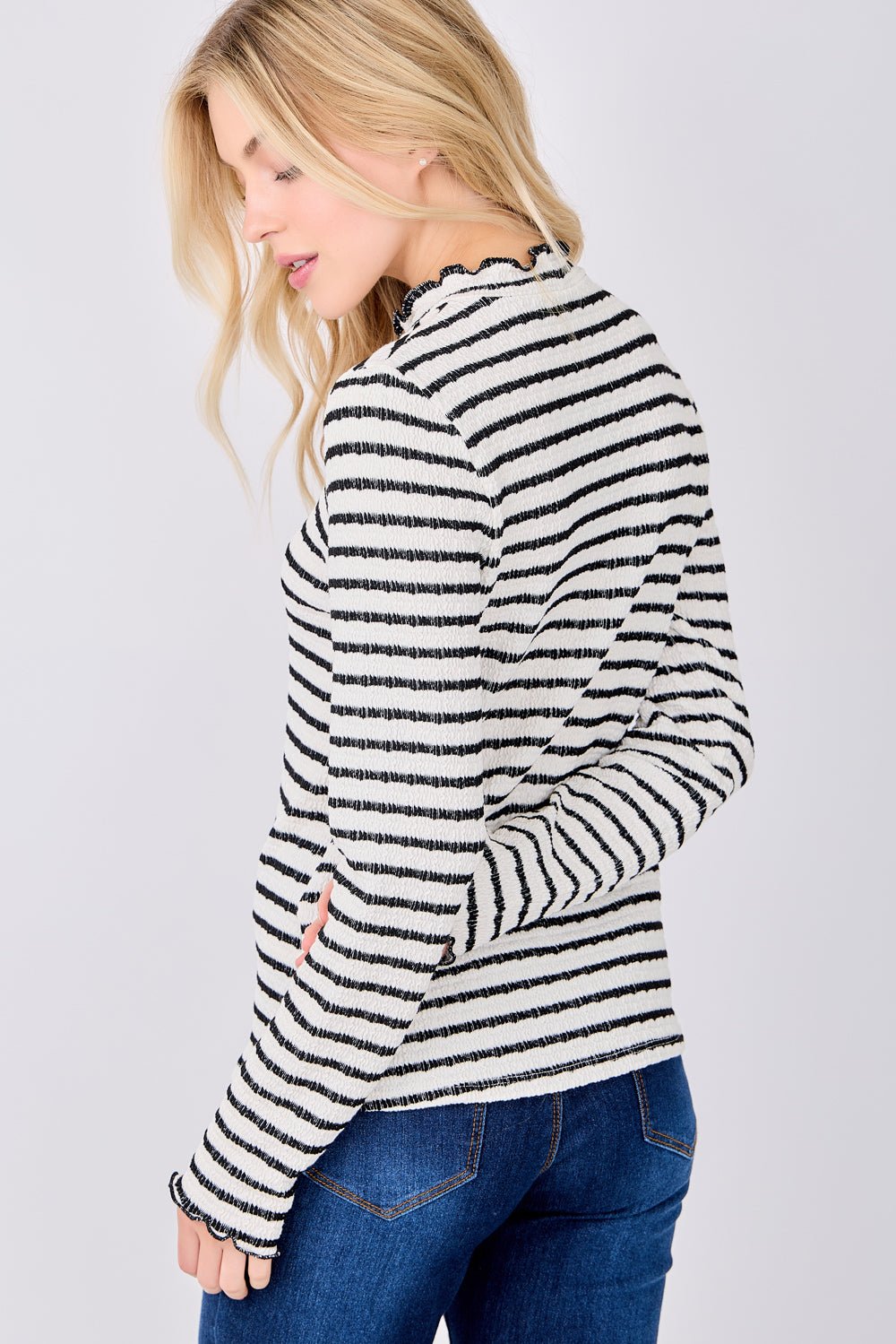 Image of West K Anaya Striped Ruffle Edge Top White Black Stripe