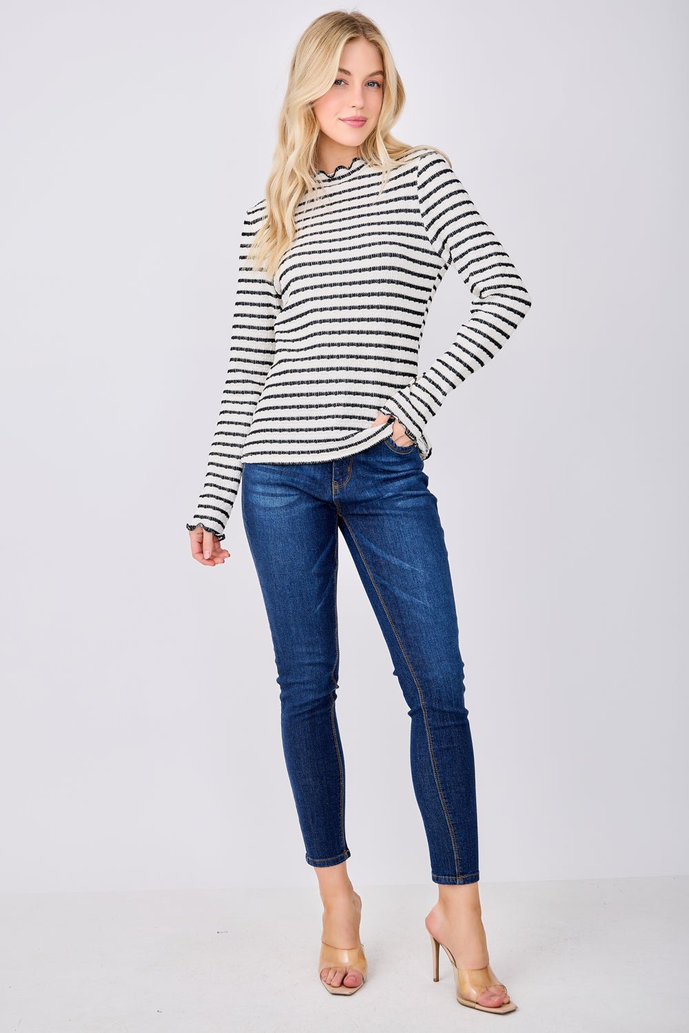 Image of West K Anaya Striped Ruffle Edge Top White Black Stripe