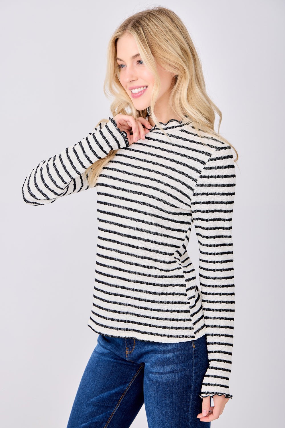 Image of West K Anaya Striped Ruffle Edge Top White Black Stripe