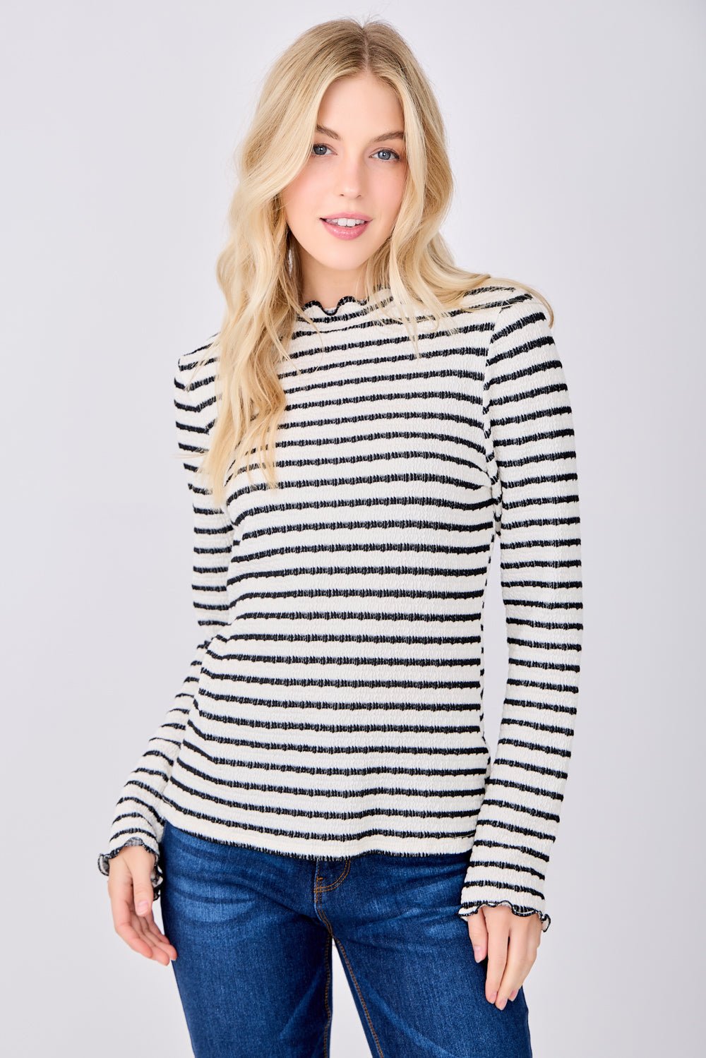 Image of West K Anaya Striped Ruffle Edge Top White Black Stripe