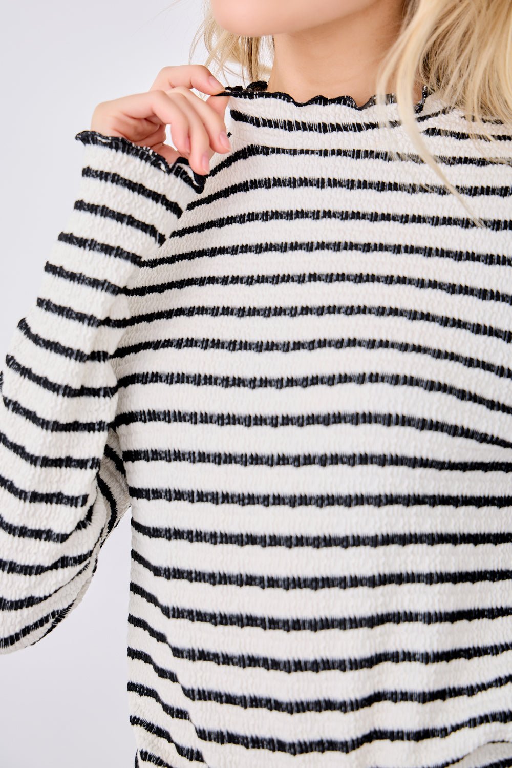 Image of West K Anaya Striped Ruffle Edge Top White Black Stripe