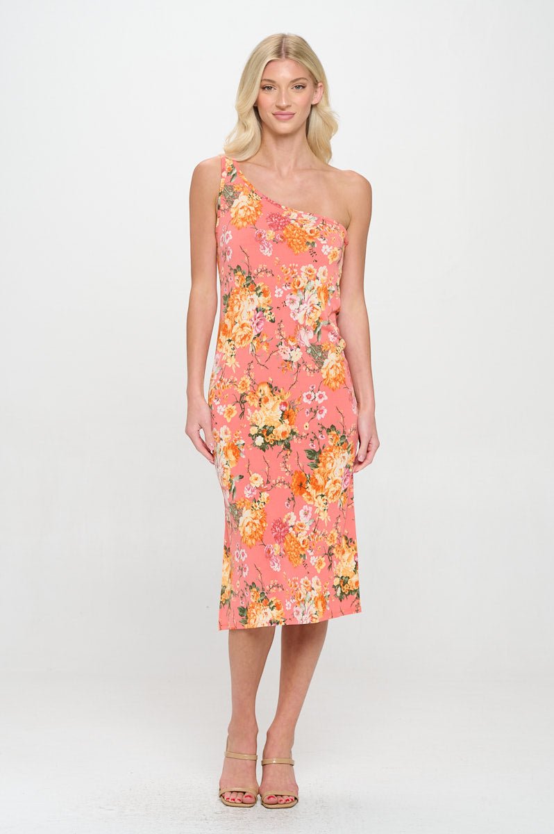 Image of West K Angela One shoulder BodyCon Midi Dress with Side Slits Orange Floral