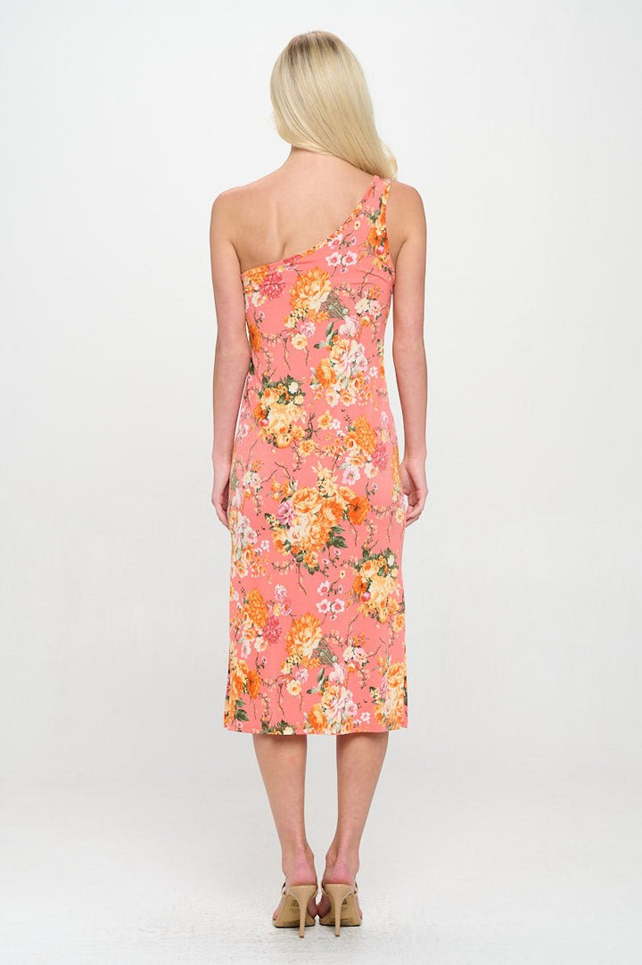 Image of West K Angela One shoulder BodyCon Midi Dress with Side Slits Orange Floral