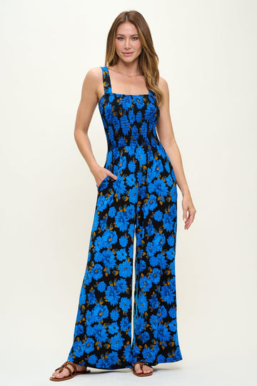 Image of West K Antonella Smocked Wide Leg Jumpsuit Cobalt Floral