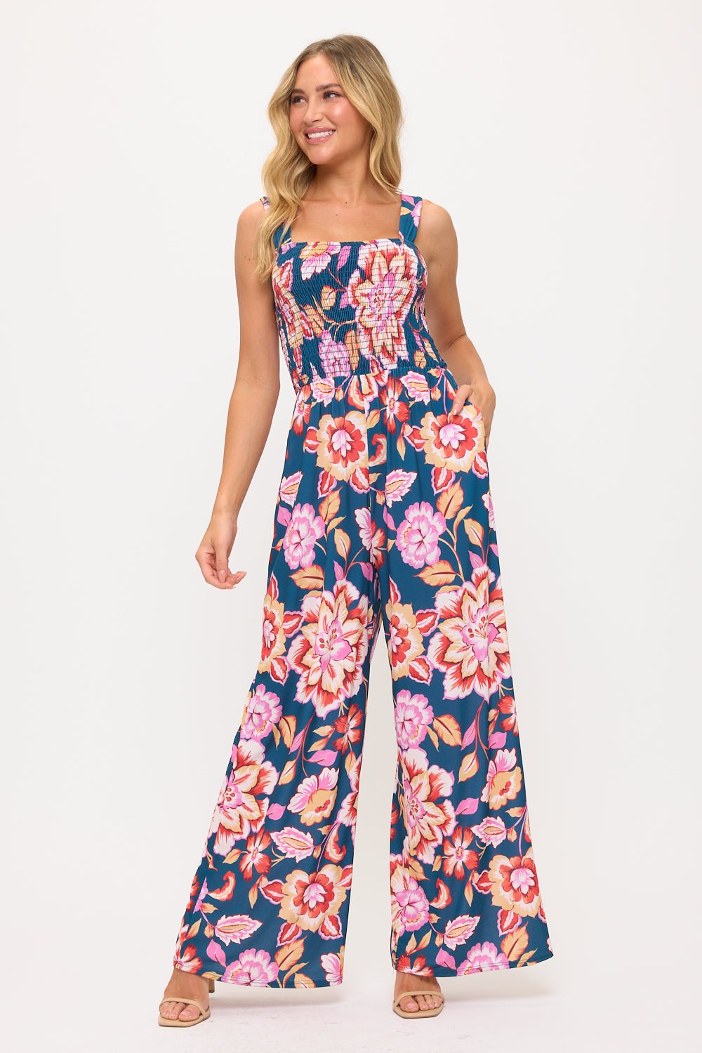 Image of West K Antonella Smocked Wide Leg Jumpsuit Teal Pink Floral