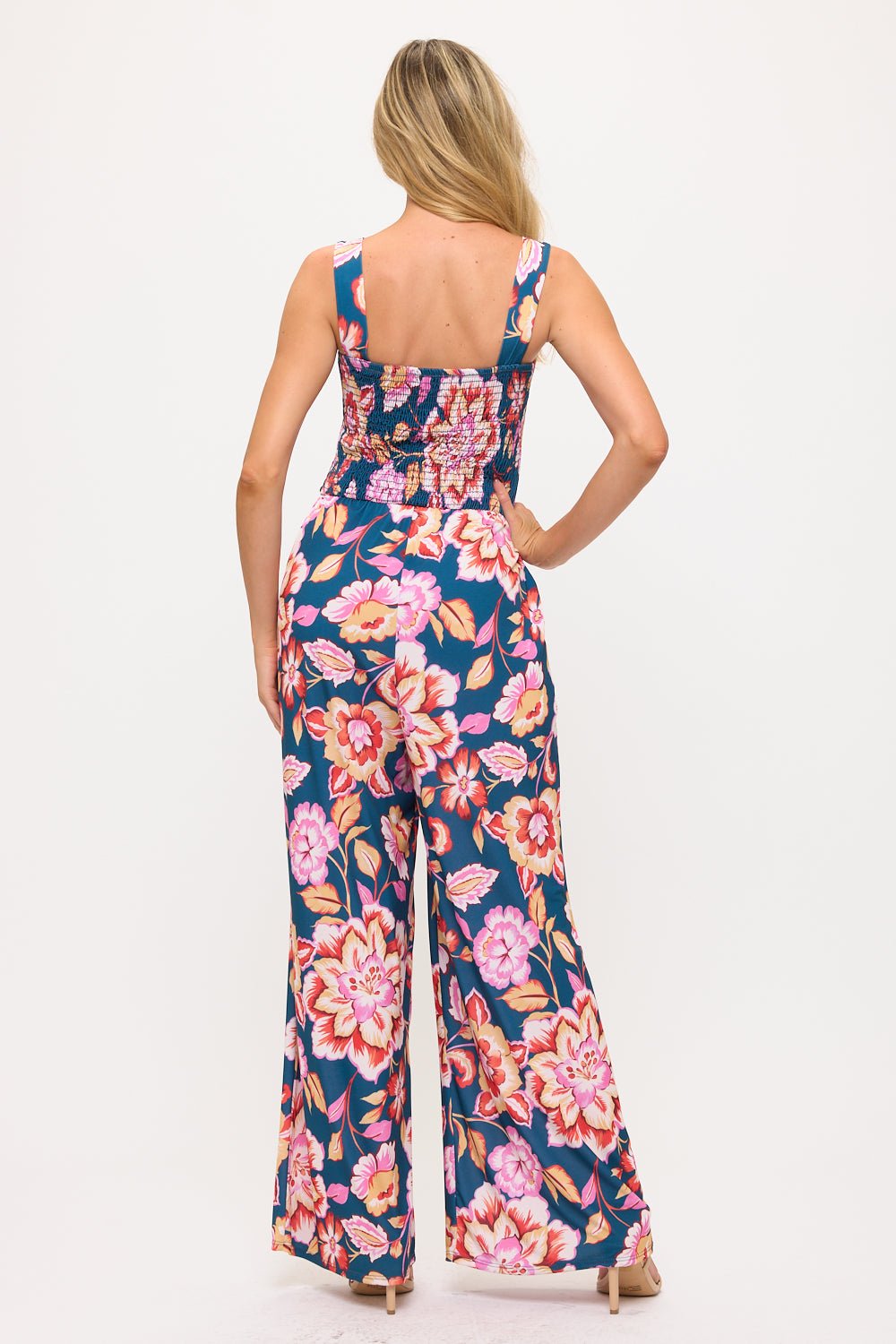 Image of West K Antonella Smocked Wide Leg Jumpsuit Teal Pink Floral