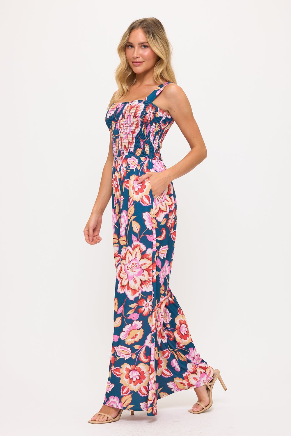 Image of West K Antonella Smocked Wide Leg Jumpsuit Teal Pink Floral