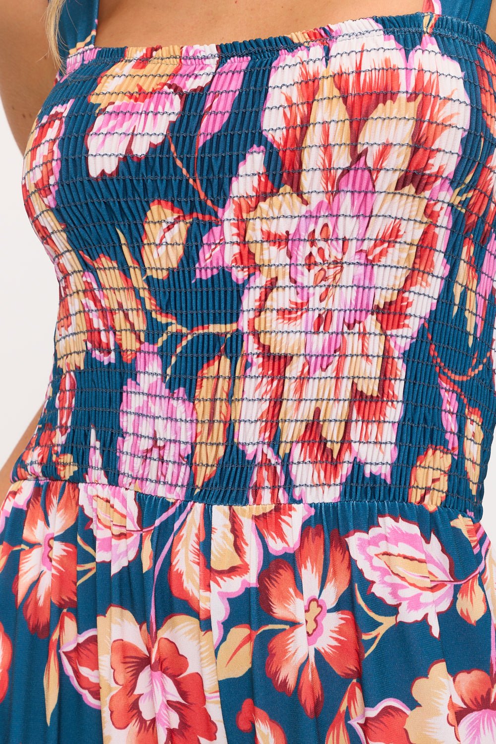 Image of West K Antonella Smocked Wide Leg Jumpsuit Teal Pink Floral