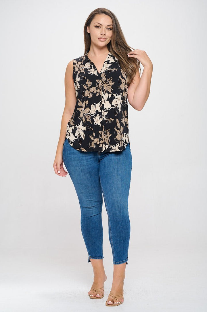 Image of West K April Plus Size Sleeveless Printed Top Black Tan Floral