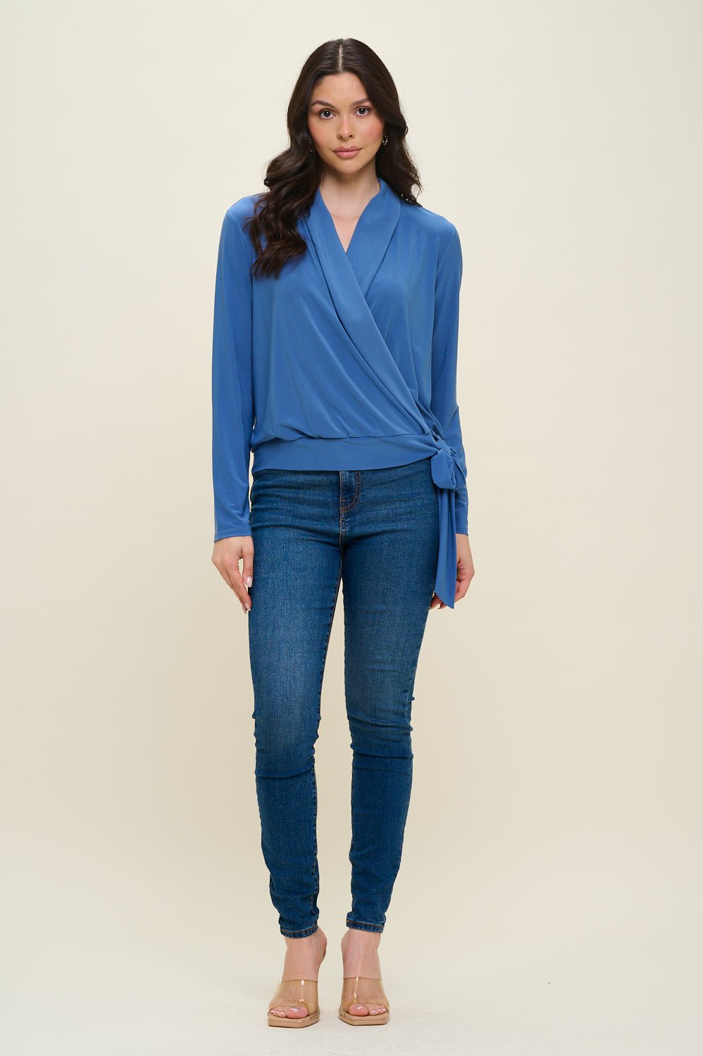 Image of West K Aria Long Sleeve Side Tie Wrap Top Denim Blue