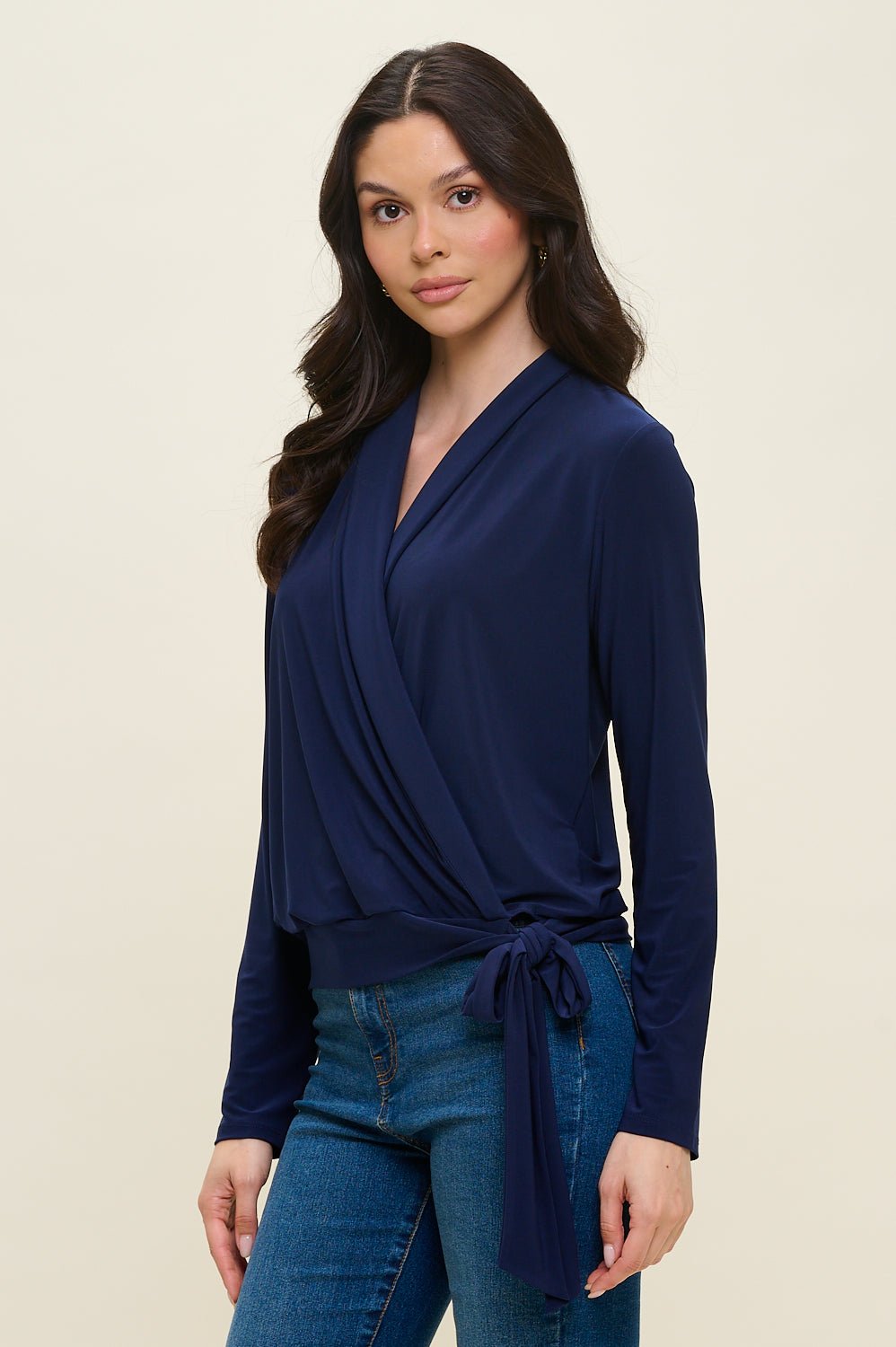 Image of West K Aria Long Sleeve Side Tie Wrap Top Navy