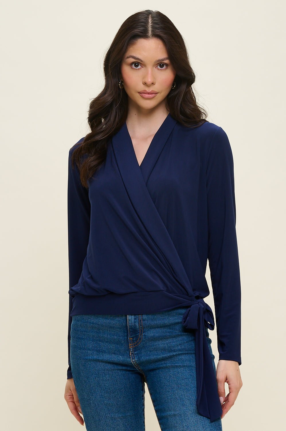 Image of West K Aria Long Sleeve Side Tie Wrap Top Navy