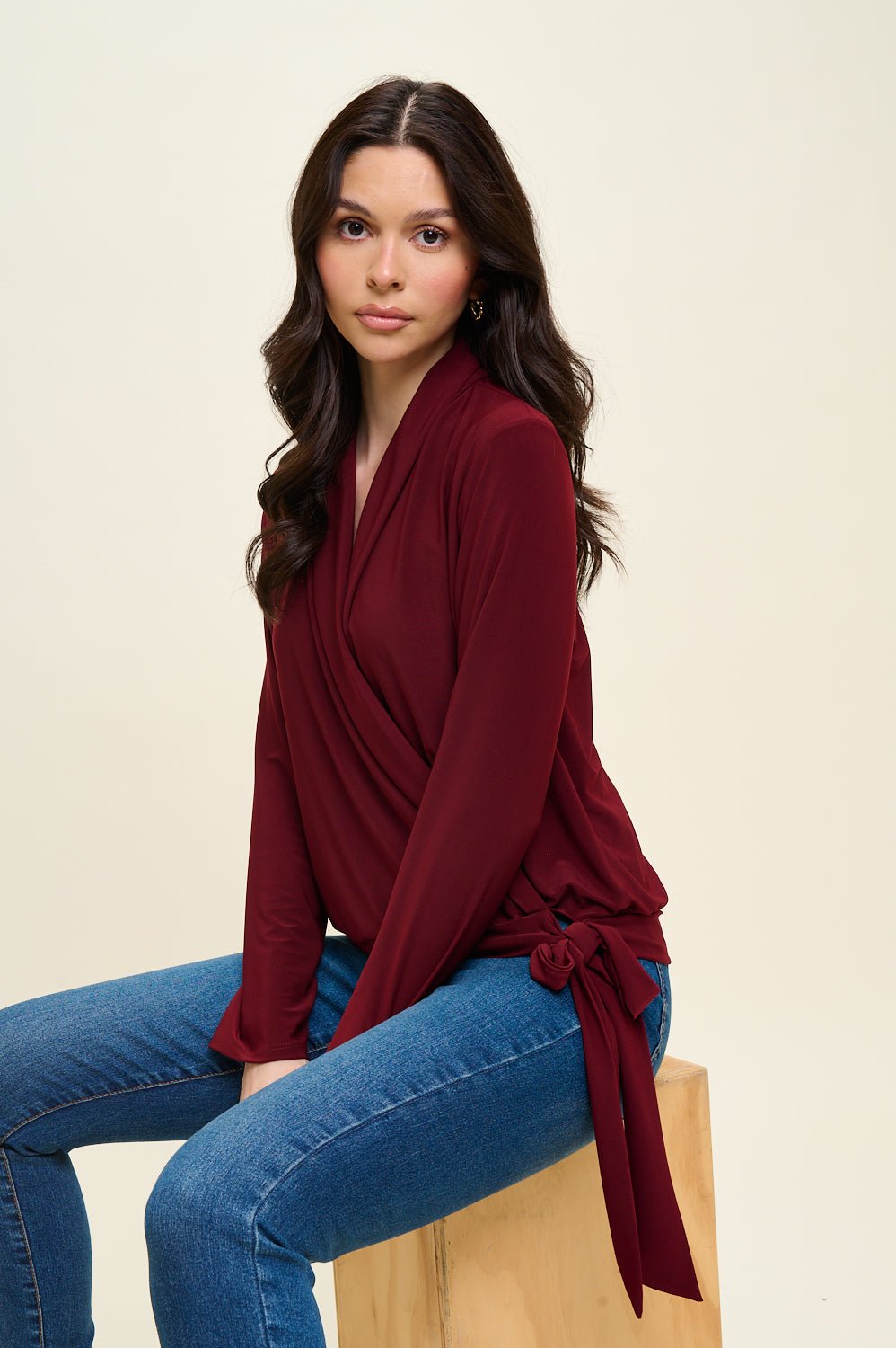 Image of West K Aria Long Sleeve Side Tie Wrap Top Wine