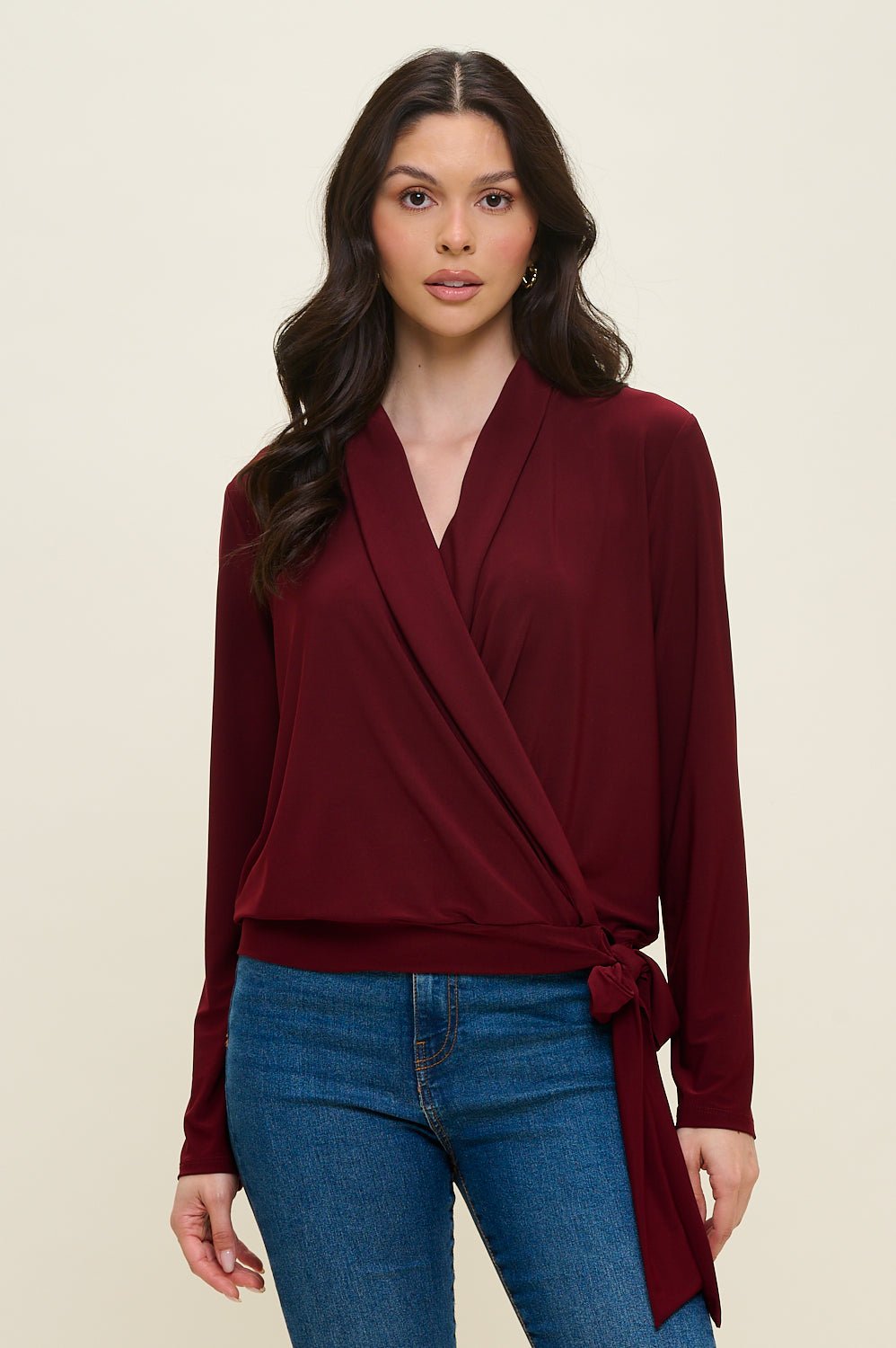 Image of West K Aria Long Sleeve Side Tie Wrap Top Wine