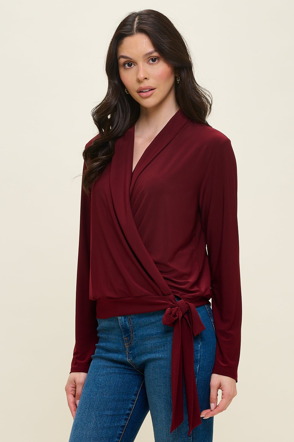 Image of West K Aria Long Sleeve Side Tie Wrap Top Wine