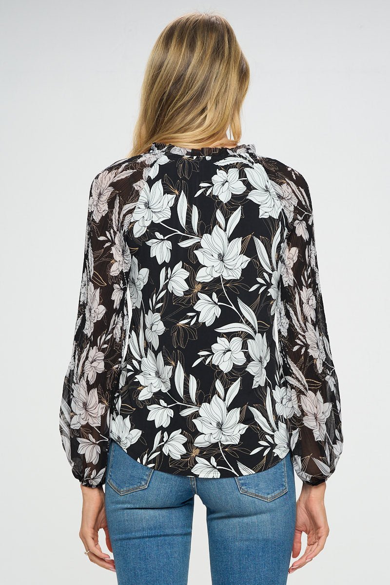 Image of West K Arianna Sheer Sleeve V - Neck Knit Blouse Black White Floral