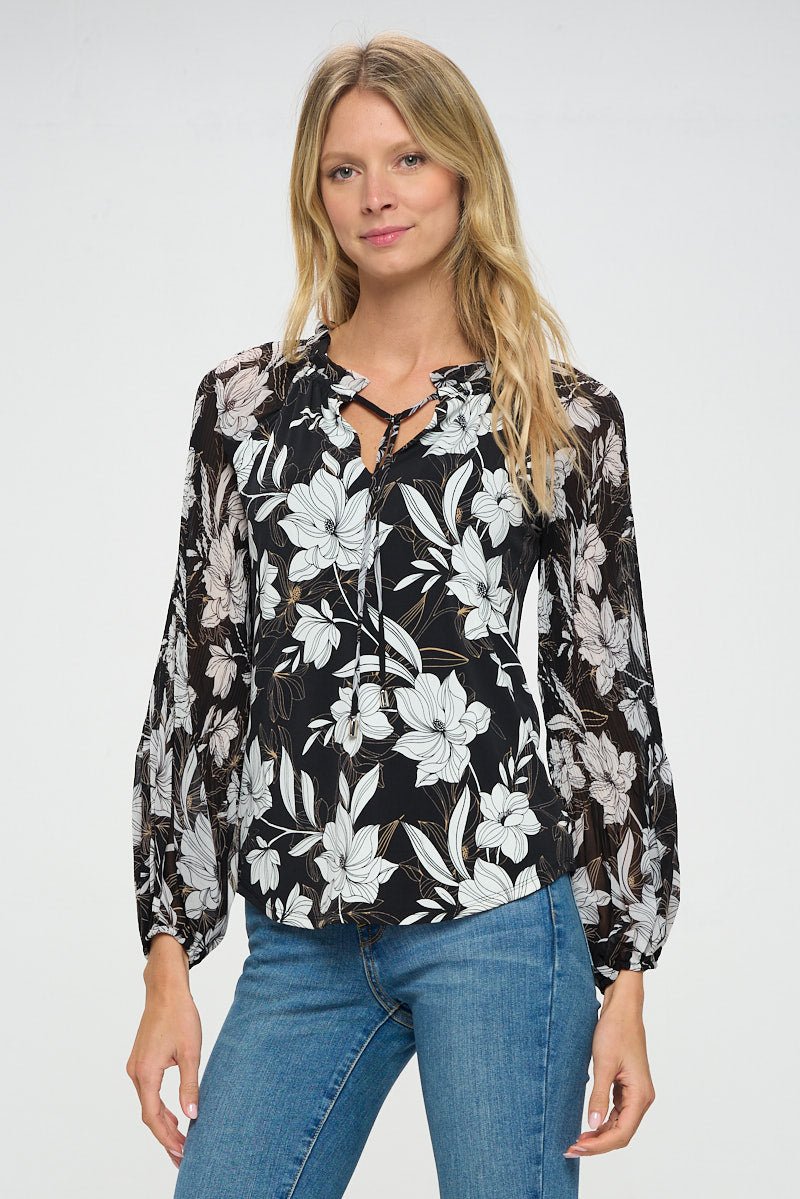 Image of West K Arianna Sheer Sleeve V - Neck Knit Blouse Black White Floral