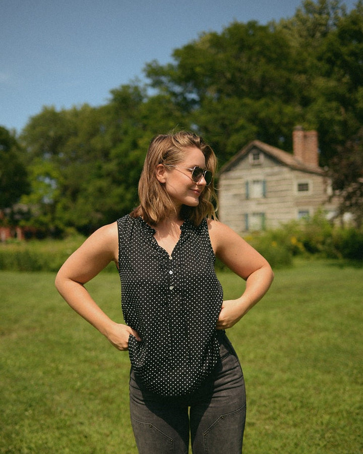 Image of West K Arlette Sleeveless Ruffle V - Neck Top Black Polka Dots