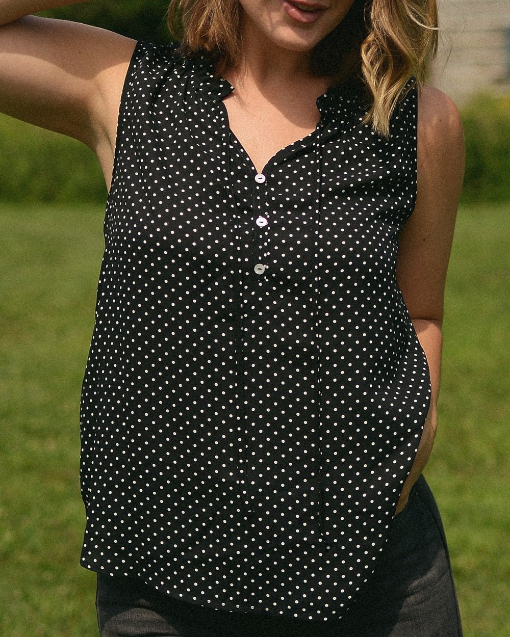 Image of West K Arlette Sleeveless Ruffle V - Neck Top Black Polka Dots