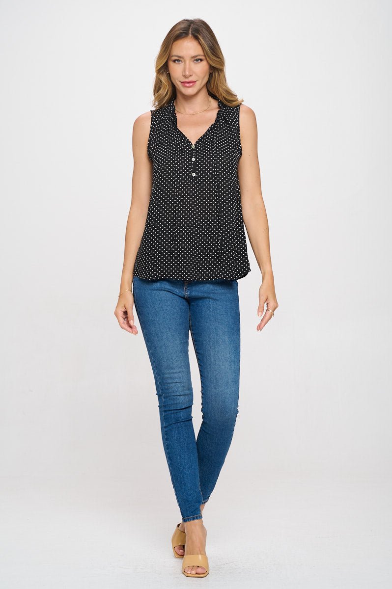 Image of West K Arlette Sleeveless Ruffle V - Neck Top Black Polka Dots