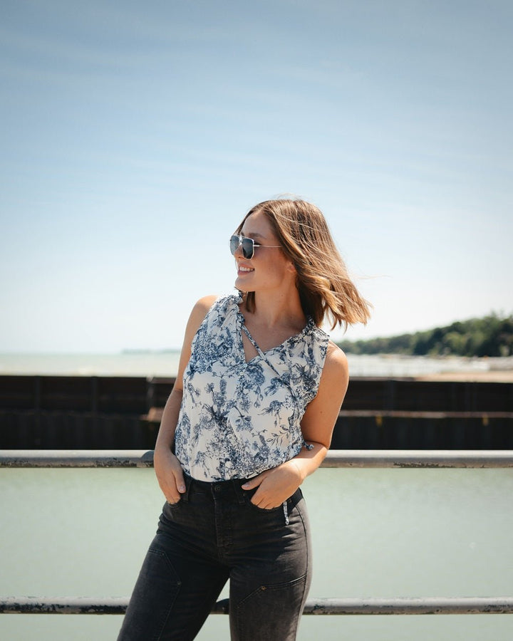 Image of West K Arlette Sleeveless Ruffle V - Neck Top Blue White Floral