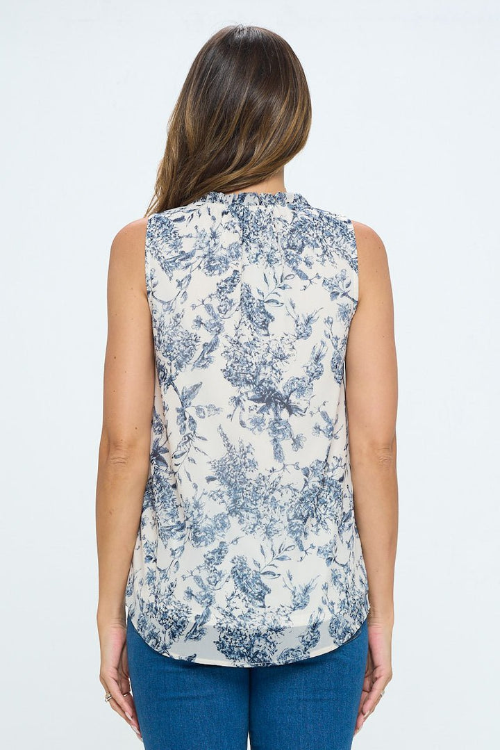 Image of West K Arlette Sleeveless Ruffle V - Neck Top Blue White Floral