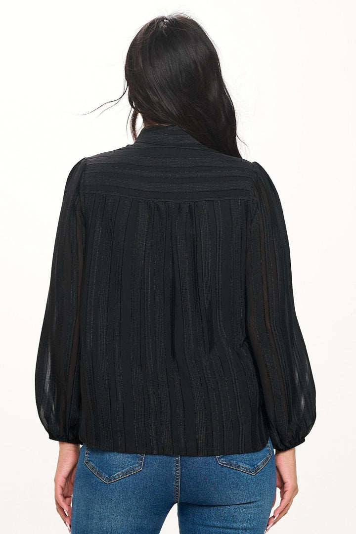 Image of West K Audrey Long Balloon Sleeve Scarf - Neck Jacquard Blouse Black Stripe Jacquard